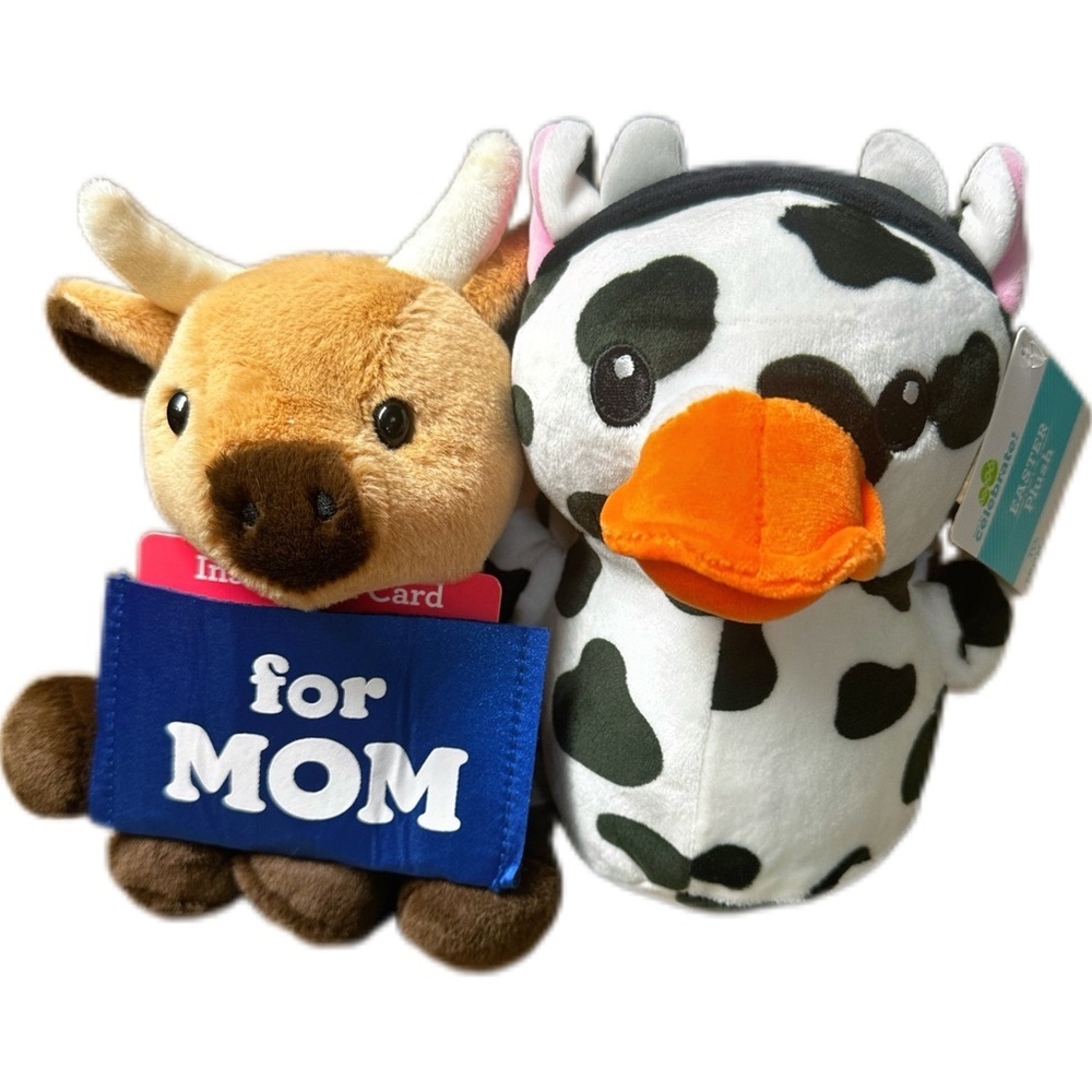 Plush Cow and Bull Toy Set - Black, White, Brown